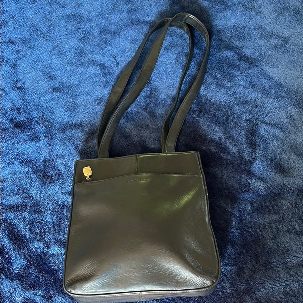 Elegant Black Leather Shoulder Bag with Gold Accent